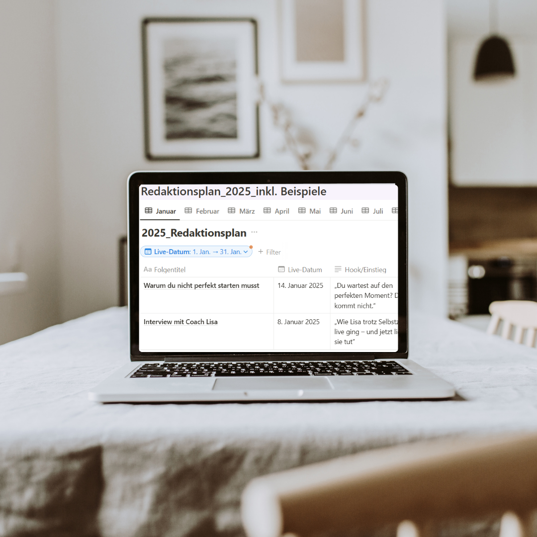 Notion Redaktionsplan 2025 für Podcast-Strategie – mit Kalenderansicht und Contentplanung für Coaches